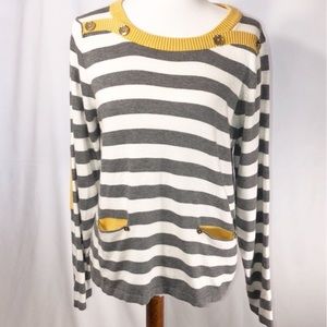 DEMOCRACY Gray Cream Striped Crew Neck Sweater